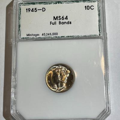 PCI Certified 1945-D MS64 Full Bands Silver Mercury Head Dime as Pictured.