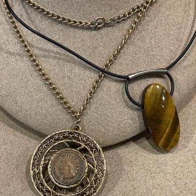 Penny medallion and large Tiger eye necklace