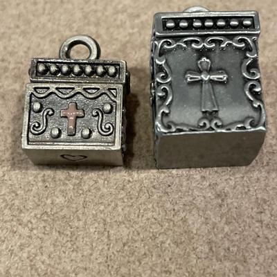 2 small Ganz pewter boxes with items inside