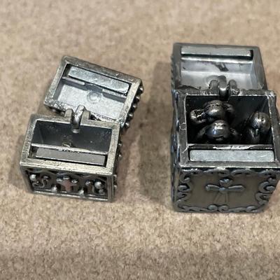 2 small Ganz pewter boxes with items inside