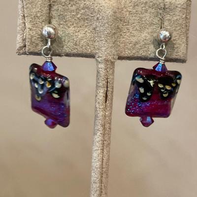 Jet black rhinestone leaf brooch and fun purple glass earrings