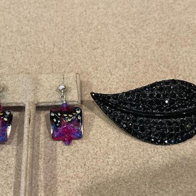Jet black rhinestone leaf brooch and fun purple glass earrings