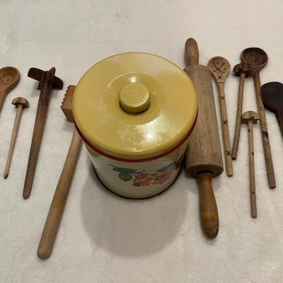 Vintage wood kitchen tools and tin with lid.