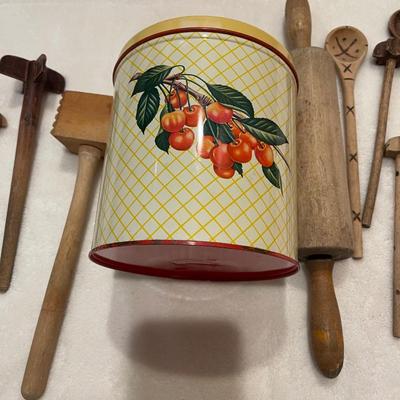 Vintage wood kitchen tools and tin with lid.