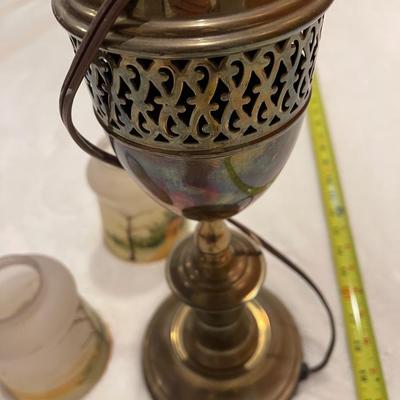 A vintage Brass lamp (no shade) and 2 beautiful hand painted glass shades.