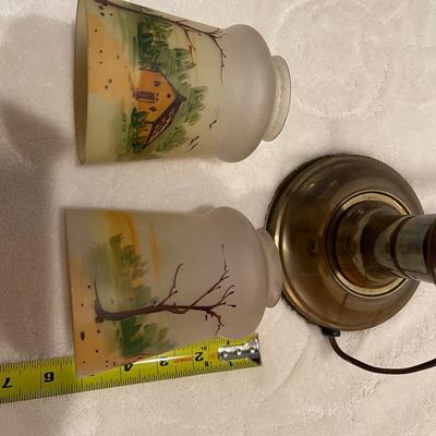 A vintage Brass lamp (no shade) and 2 beautiful hand painted glass shades.