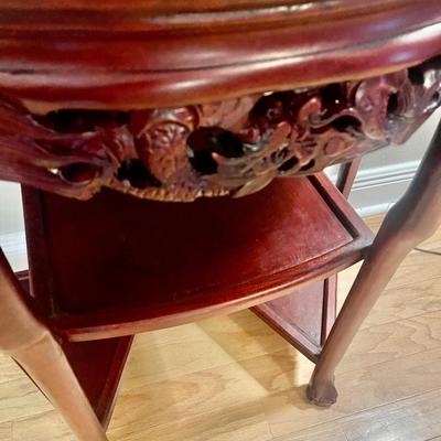 Mid 20th Century Chin Hua Carved Demilune Roseland & Marble Console Table. 32