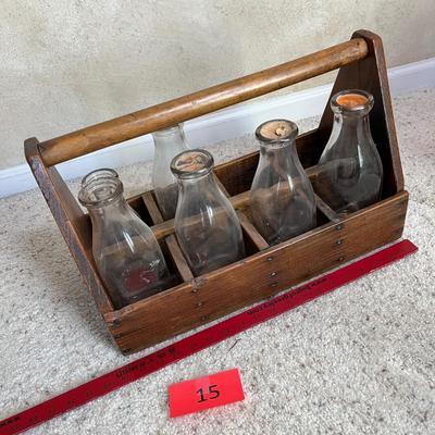 Antique Wood Milk carrier w/ bottles