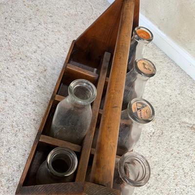 Antique Wood Milk carrier w/ bottles