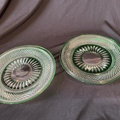 Cut crystal plates (2) heavy leaded green glass Bohemian style,