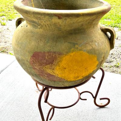 Large Painted Clay Patio Pottery on Iron Stand