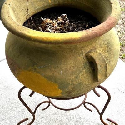Large Painted Clay Patio Pottery on Iron Stand