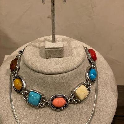 Sterling necklace, fun stone necklace and Lewis Segal clip ons