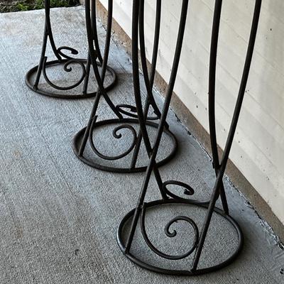 Set of 3 Glazed Pottery Planters on Wrought Iron Stands