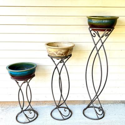 Set of 3 Glazed Pottery Planters on Wrought Iron Stands