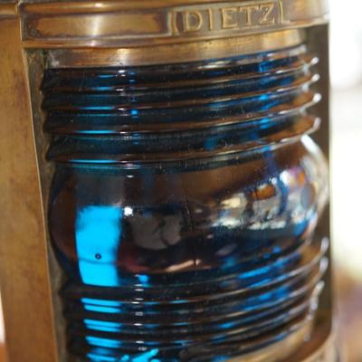 DIETZ BRASS MARI TIME LANTERN W/ ORIGINAL BLUE RIBBED GLOBE