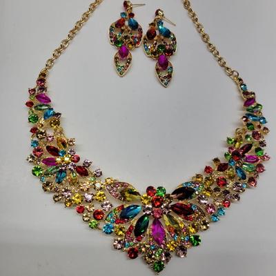 Vintage Mixed Rhinestone cocktail Necklace Earrings set