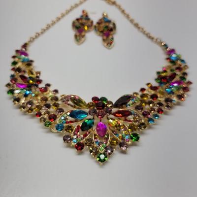 Vintage Mixed Rhinestone cocktail Necklace Earrings set