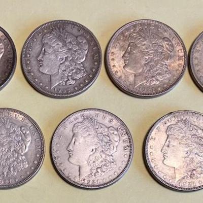 Seven Morgan Silver Dollars Dated 1900-1921