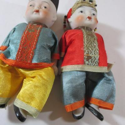 Oriental Asian Ethnic Bisque Character Couple Dolls Set in a Basket 5-51/2