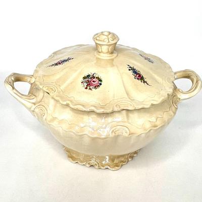 Vintage Lidded Pottery Tureen with Flowers