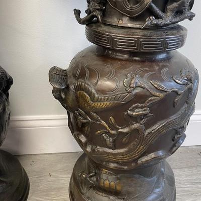 Twin 20th Century Japanese Bronze Dragon Vase