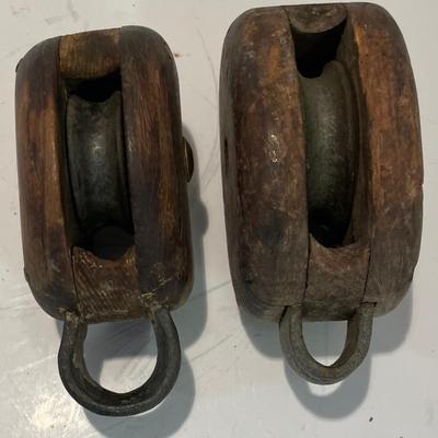 Two Antique Wood Block Tackle Pullies