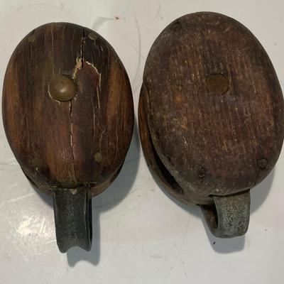 Two Antique Wood Block Tackle Pullies