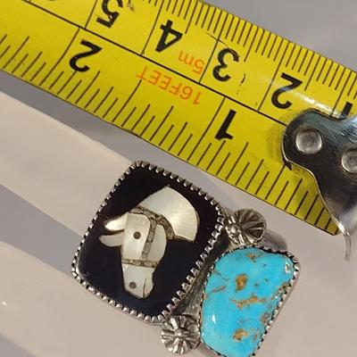 Native American Hand-Crafted Zuni Ring Mother of Pearl Horse Set in Onyx Base with Turquoise Stone (#5)