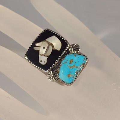 Native American Hand-Crafted Zuni Ring Mother of Pearl Horse Set in Onyx Base with Turquoise Stone (#5)