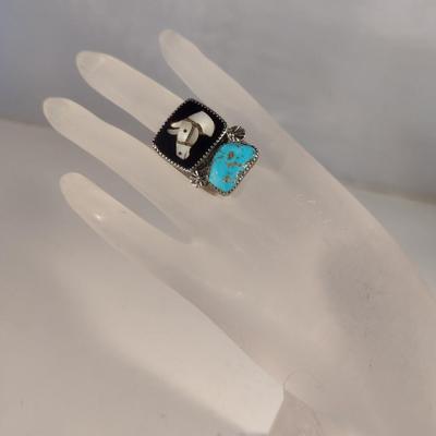 Native American Hand-Crafted Zuni Ring Mother of Pearl Horse Set in Onyx Base with Turquoise Stone (#5)