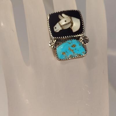 Native American Hand-Crafted Zuni Ring Mother of Pearl Horse Set in Onyx Base with Turquoise Stone (#5)