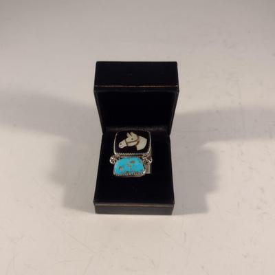 Native American Hand-Crafted Zuni Ring Mother of Pearl Horse Set in Onyx Base with Turquoise Stone (#5)