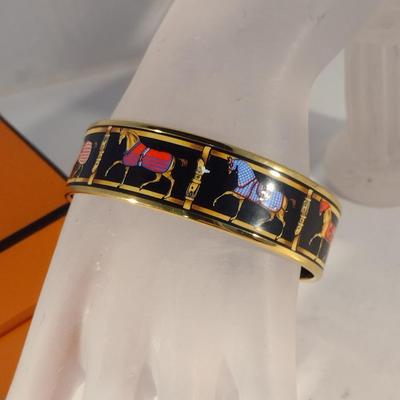 Vintage Hermes Paris, France Wide Band Enamel Horse Theme Bangle with Box (#6)