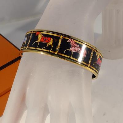 Vintage Hermes Paris, France Wide Band Enamel Horse Theme Bangle with Box (#6)
