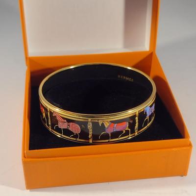 Vintage Hermes Paris, France Wide Band Enamel Horse Theme Bangle with Box (#6)