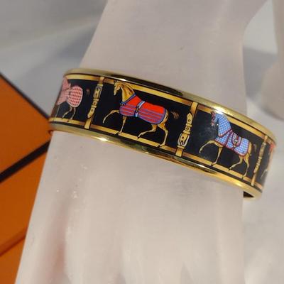 Vintage Hermes Paris, France Wide Band Enamel Horse Theme Bangle with Box (#6)