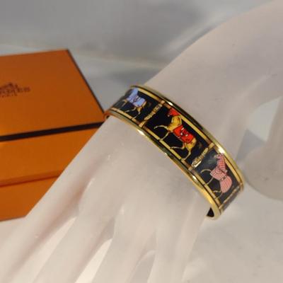 Vintage Hermes Paris, France Wide Band Enamel Horse Theme Bangle with Box (#6)