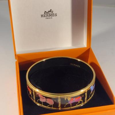 Vintage Hermes Paris, France Wide Band Enamel Horse Theme Bangle with Box (#6)