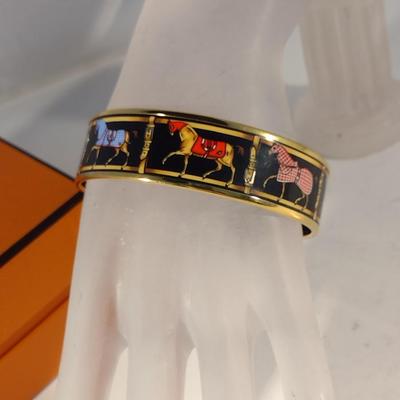 Vintage Hermes Paris, France Wide Band Enamel Horse Theme Bangle with Box (#6)