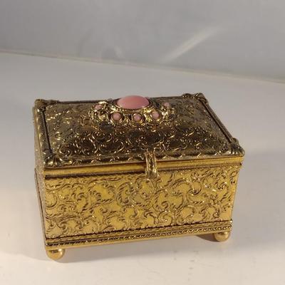 Gold Filigree Vanity Trinket Box with Pink Lapis Accents by Romance