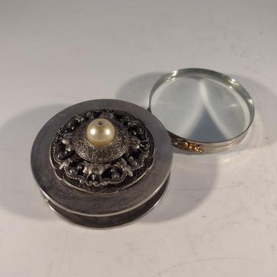 Jo Marz Magnifying Compact Glass with Applied Filigree Design and Pearl Centerpiece