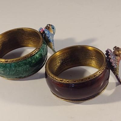 Set of Four Jay Strongwater Enamel Bird Adorned Napkin Rings