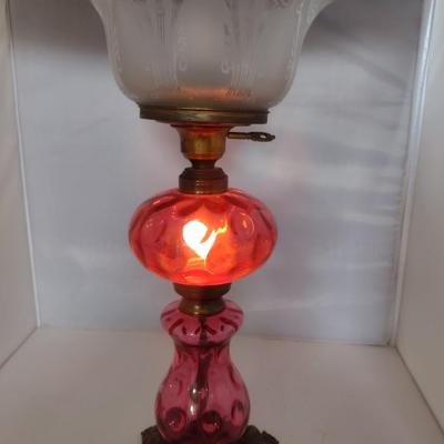 Vintage Fenton Cranberry Glass Three Globe Electric Table Lamp