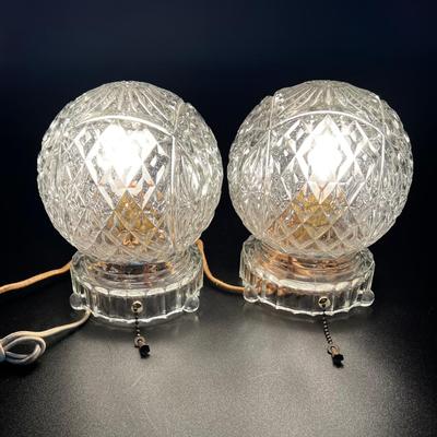Vintage Art Deco Cut Glass Pull String Globe Table Lamps