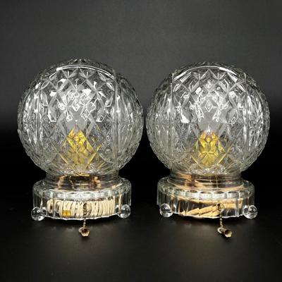 Vintage Art Deco Cut Glass Pull String Globe Table Lamps