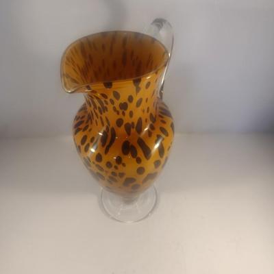 Vintage Studio Art Glass Safari Pattern Water Pitcher with Applied Handle