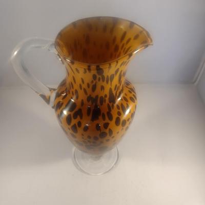Vintage Studio Art Glass Safari Pattern Water Pitcher with Applied Handle