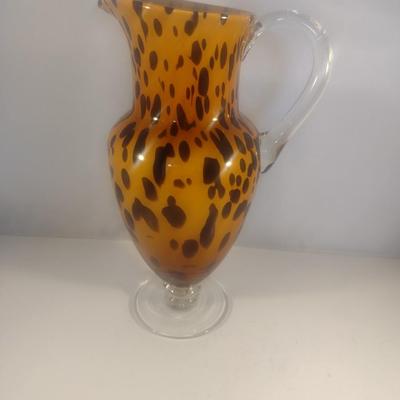 Vintage Studio Art Glass Safari Pattern Water Pitcher with Applied Handle