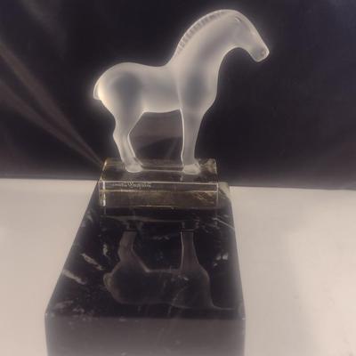 Lalique Crystal Horse Figurine Mounted on Black Marbled Base